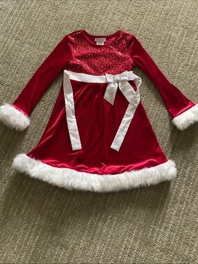 Bonnie Jean Red Velvet Holiday Dress with White Fur Trim and Bow